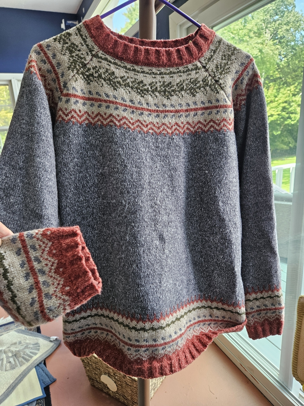 Cozy Super Soft Grey Fair Isle Sweater with Rust Trim